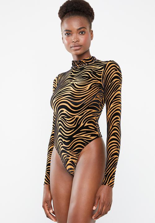 Missguided - Zebra velvet high neck bodysuit - rust