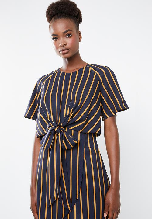 Missguided -  Tie detail striped dress - navy & yellow