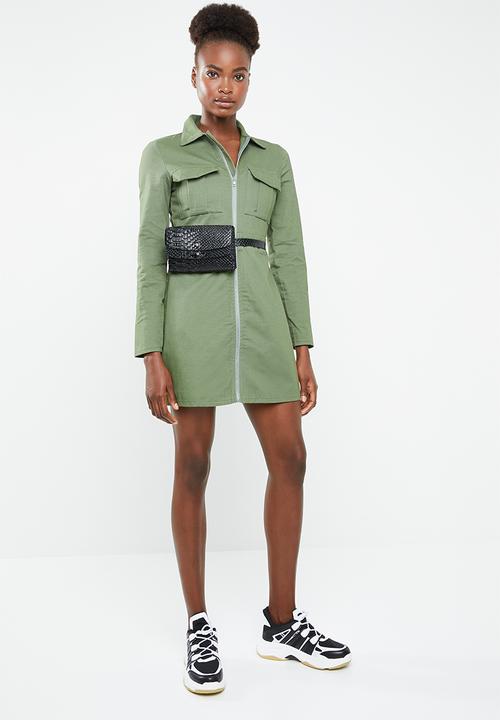 Missguided - Skater dress zip through dress - khaki green