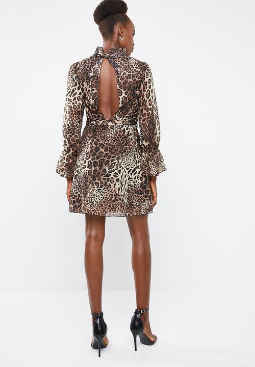Missguided - High neck tie waist smock dress leopard print - brown