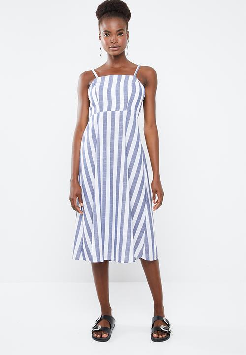 Superbalist - Linen blend square neck dress - white & navy