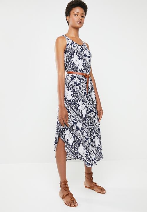 Revenge - Sleeveless elephant print midi - navy