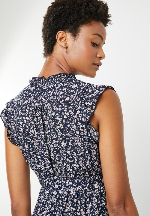 Revenge - Empire line frill dress with front tie - navy