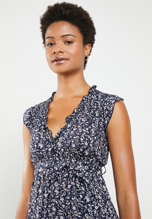 Revenge - Empire line frill dress with front tie - navy