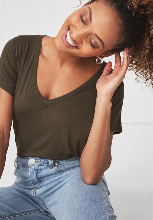 Cotton On - Short sleeve v neck top - khaki