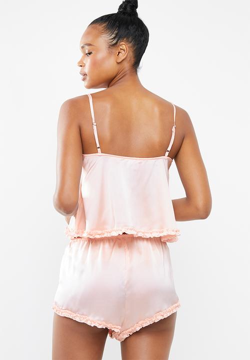 Missguided - Ruffle hem satin short pj set - pink