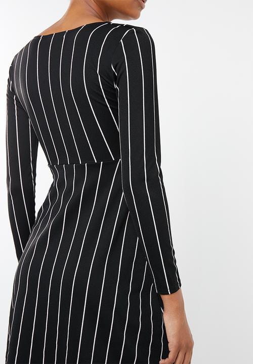 Missguided - Tie front long sleeve midi dress - black