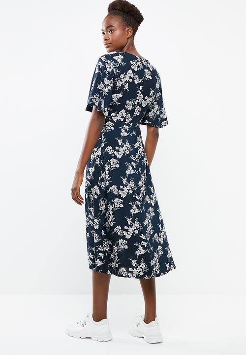Revenge - Floral tie front wide sleeve dress - navy