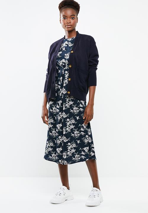 Revenge - Floral tie front wide sleeve dress - navy