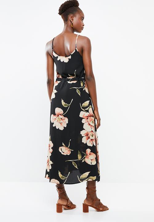 Revenge - Cami strap floral maxi with tie waist - black