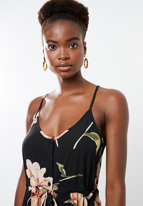 Revenge - Cami strap floral maxi with tie waist - black