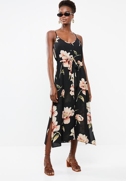 Revenge - Cami strap floral maxi with tie waist - black