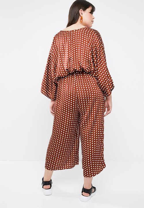 Missguided - Curved kimono sleeve polka dot jumpsuit - brown & white 