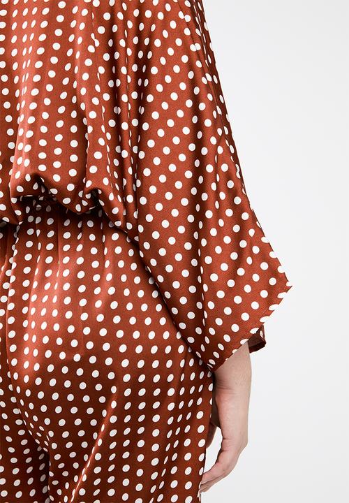 Missguided - Curved kimono sleeve polka dot jumpsuit - brown & white 
