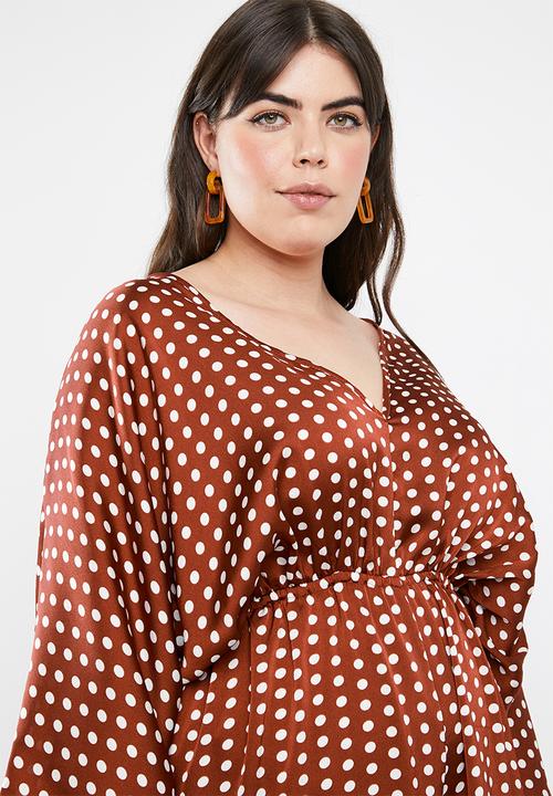 Missguided - Curved kimono sleeve polka dot jumpsuit - brown & white 