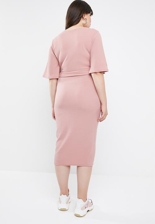Missguided - Curved plunge kimono sleeve midi dress - pink 