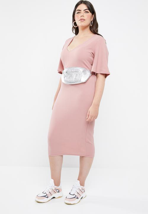 Missguided - Curved plunge kimono sleeve midi dress - pink 