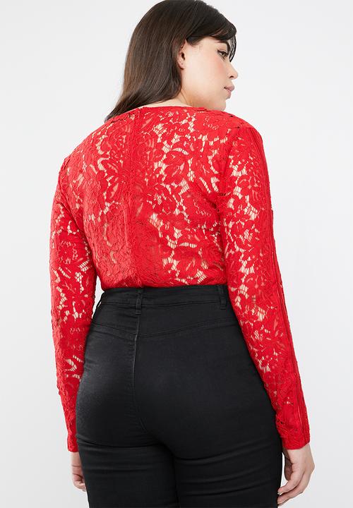 Missguided - Curve sports tape long sleeve plunge bodysuit - red 