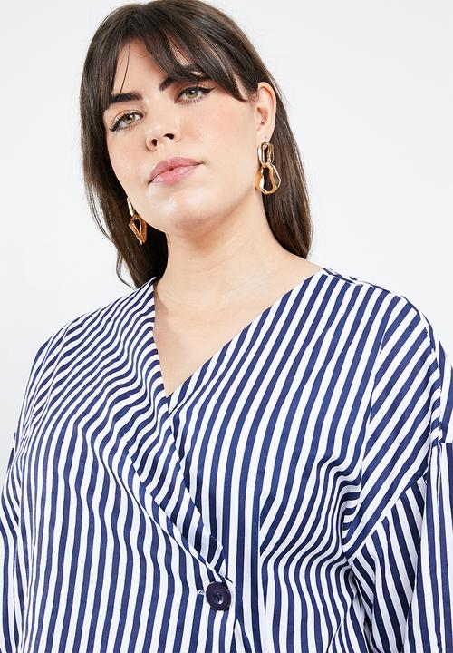 STYLE REPUBLIC PLUS - Wrap stripe blazer - navy & white