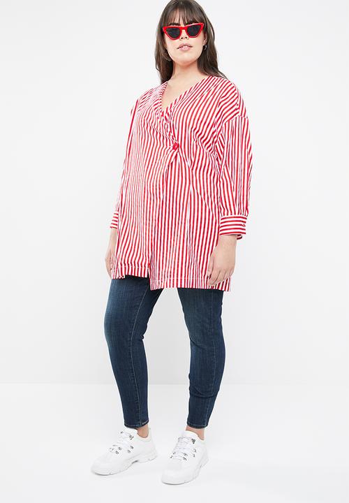 STYLE REPUBLIC PLUS - Wrap stripe blazer - red & white 