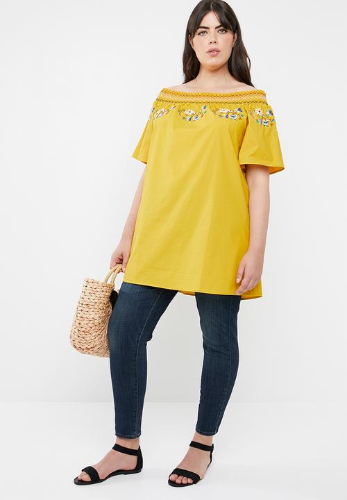 STYLE REPUBLIC PLUS - Boho embroidered bardot top - yellow