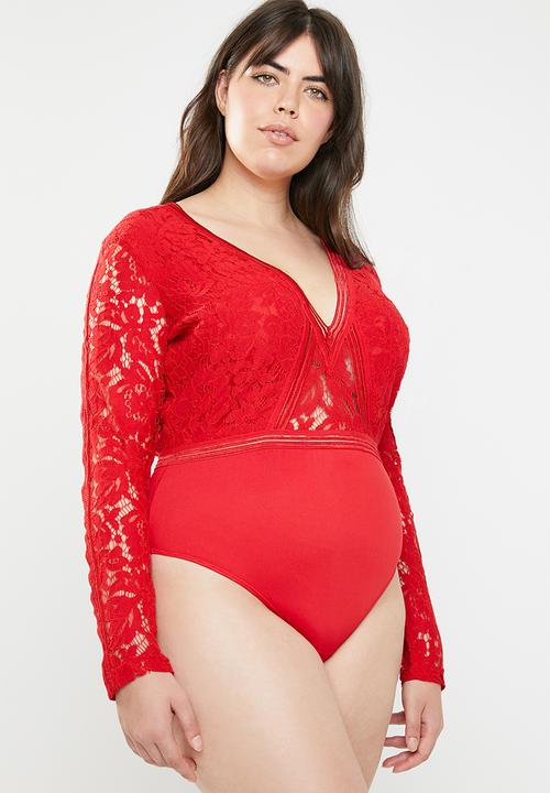 Missguided - Curve sports tape long sleeve plunge bodysuit - red 