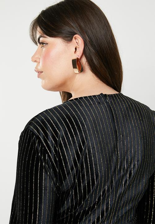 Missguided - Curve velvet glitter stripe wrap dress - black & gold 
