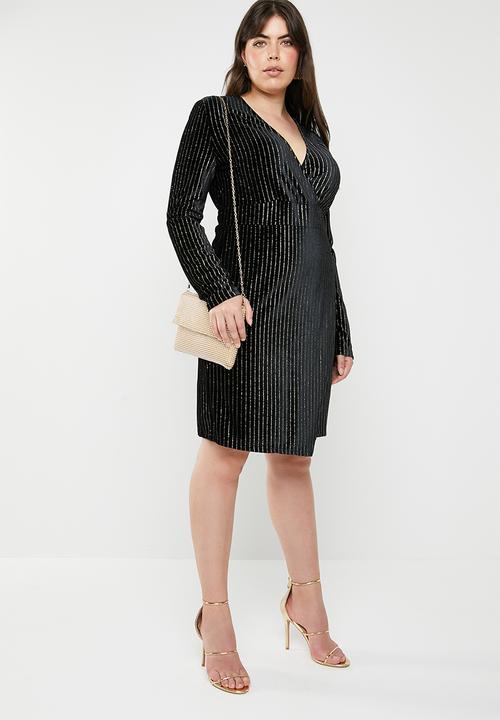 Missguided - Curve velvet glitter stripe wrap dress - black & gold 