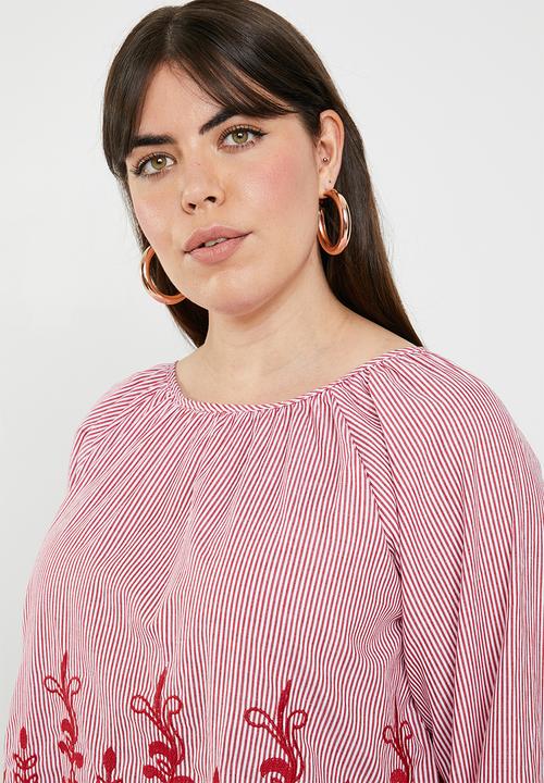 STYLE REPUBLIC PLUS - Tie sleeve embroidered stripe blouse - red & white