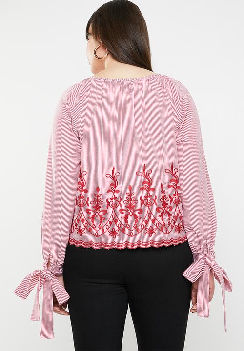 STYLE REPUBLIC PLUS - Tie sleeve embroidered stripe blouse - red & white