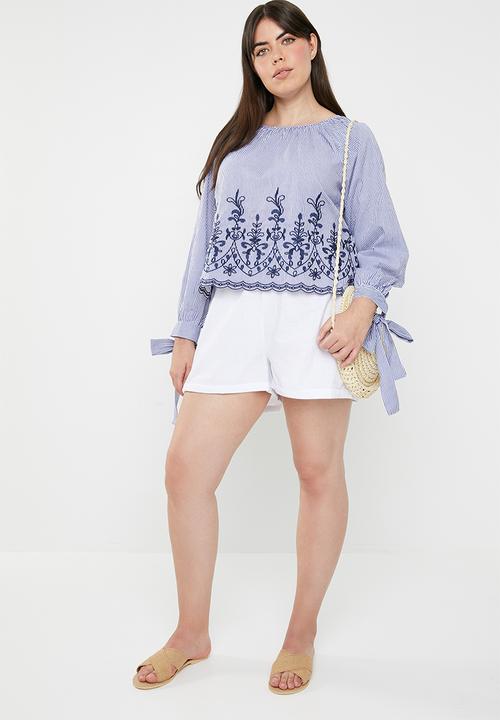 STYLE REPUBLIC PLUS - Tie sleeve embroidered stripe blouse - blue & white 