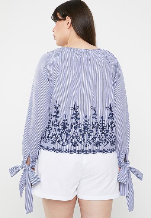 STYLE REPUBLIC PLUS - Tie sleeve embroidered stripe blouse - blue & white 