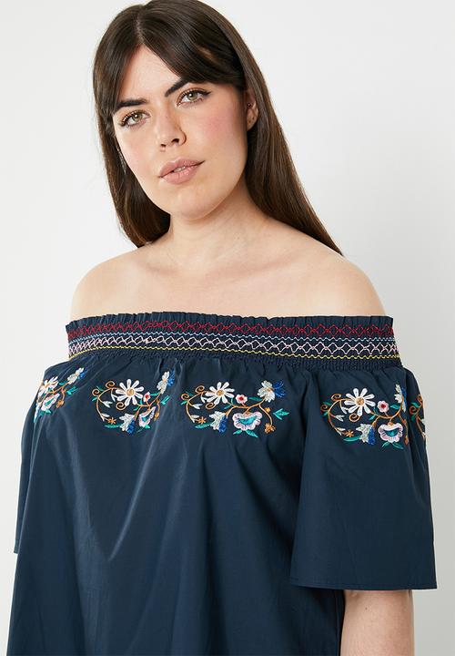 STYLE REPUBLIC PLUS - Boho embroidered bardot top - navy
