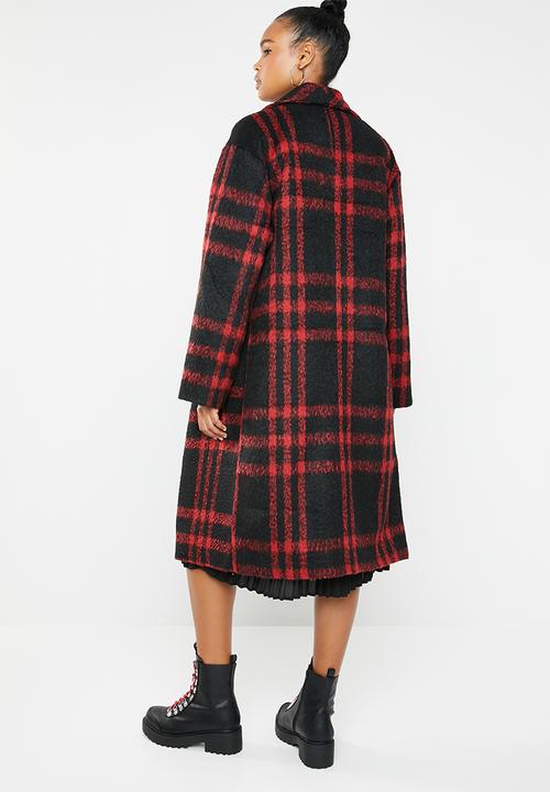 Missguided - Check shawl collar coat - red & black