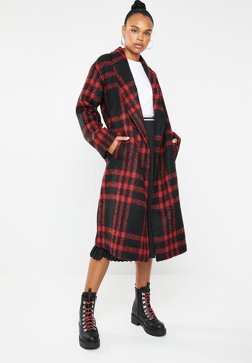 Missguided - Check shawl collar coat - red & black