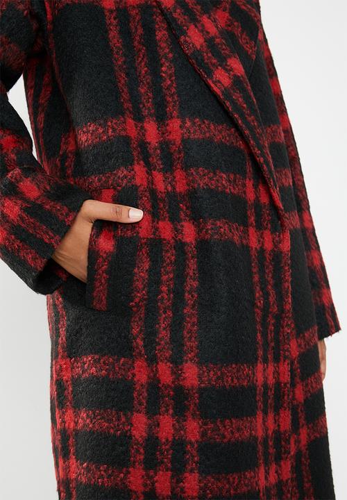 Missguided - Check shawl collar coat - red & black