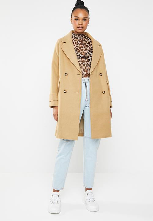 Double Breasted Raw Edge Cocoon Coat Camel Missguided Coats