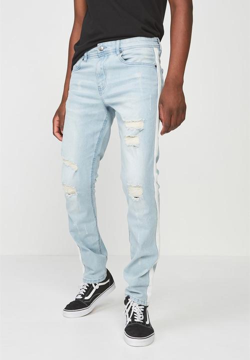 Cotton On - Distressed side stripe slim jeans - blue