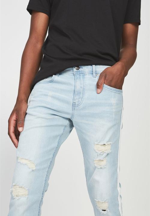 Cotton On - Distressed side stripe slim jeans - blue