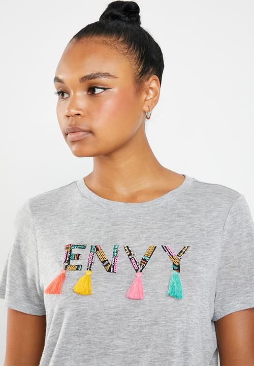 ONLY - Pam print top with sequence and tassel  top - grey 