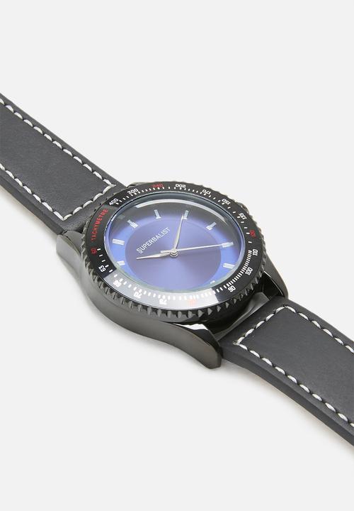 Superbalist - Connor stitch detail leather watch - black & navy