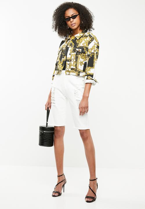 Missguided - Baroque print cropped denim jacket - black & yellow