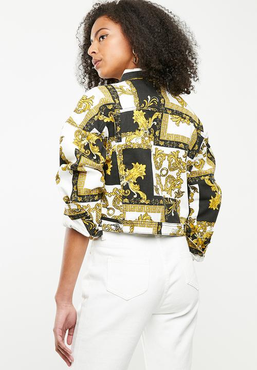 Missguided - Baroque print cropped denim jacket - black & yellow