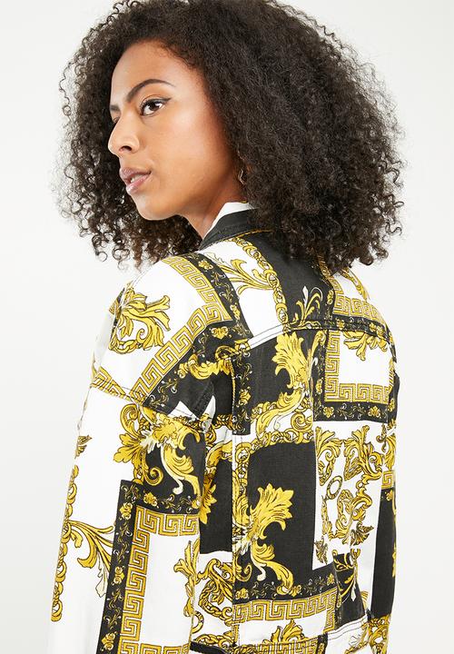 Missguided - Baroque print cropped denim jacket - black & yellow