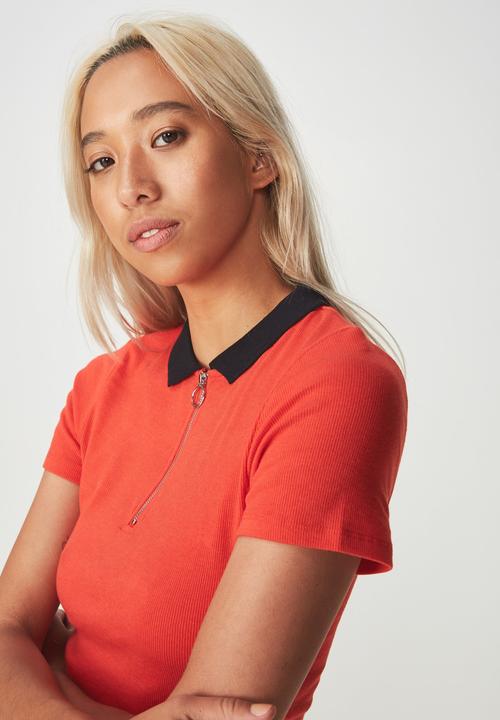 Cotton On - Nadine zip front short sleeve tee - red