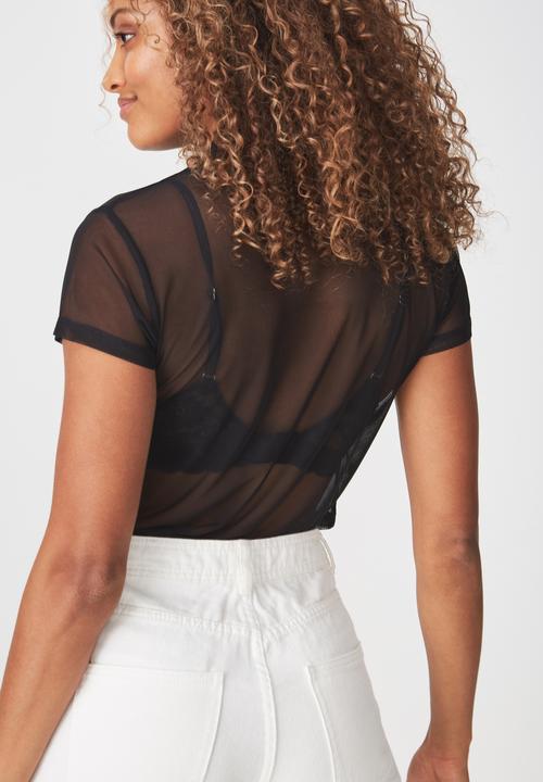 Cotton On - Mesh mock neck tee - black