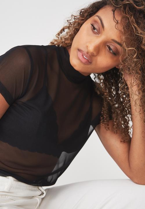 Cotton On - Mesh mock neck tee - black