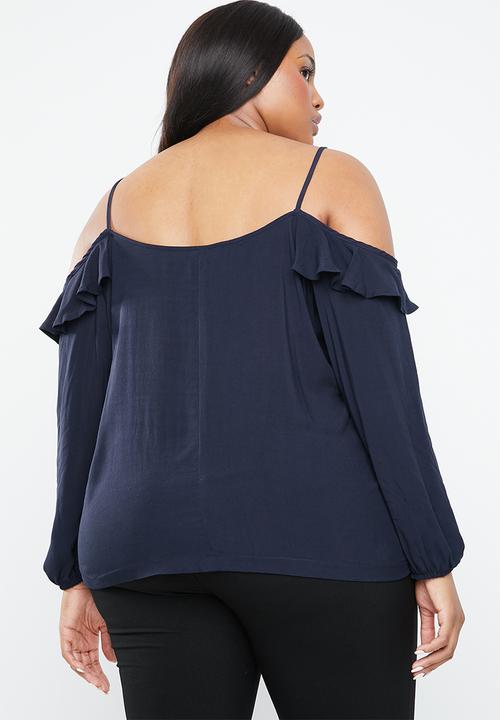 STYLE REPUBLIC PLUS - Cold shoulder frill top - navy