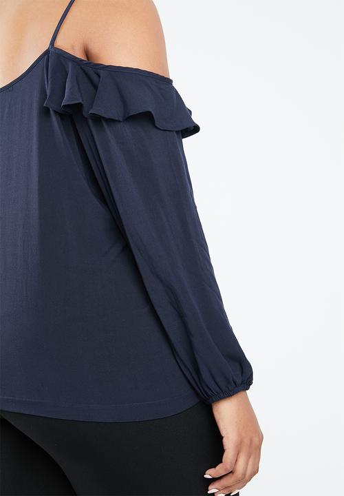 STYLE REPUBLIC PLUS - Cold shoulder frill top - navy