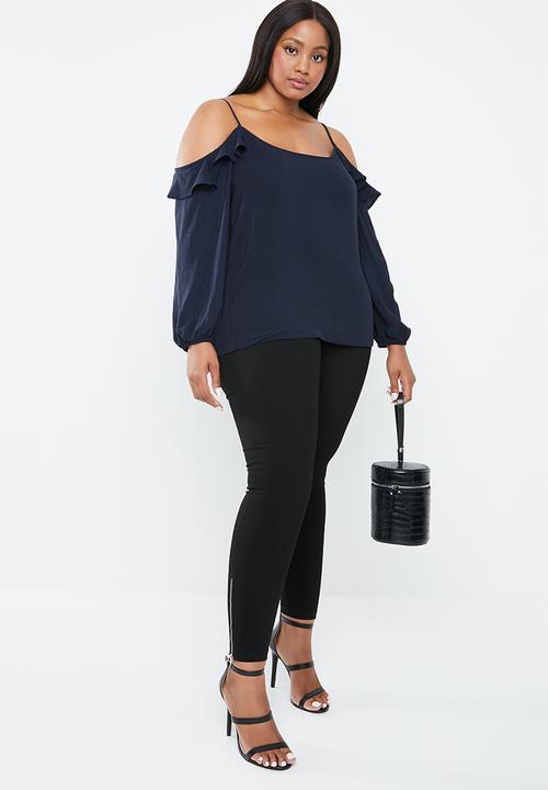 STYLE REPUBLIC PLUS - Cold shoulder frill top - navy